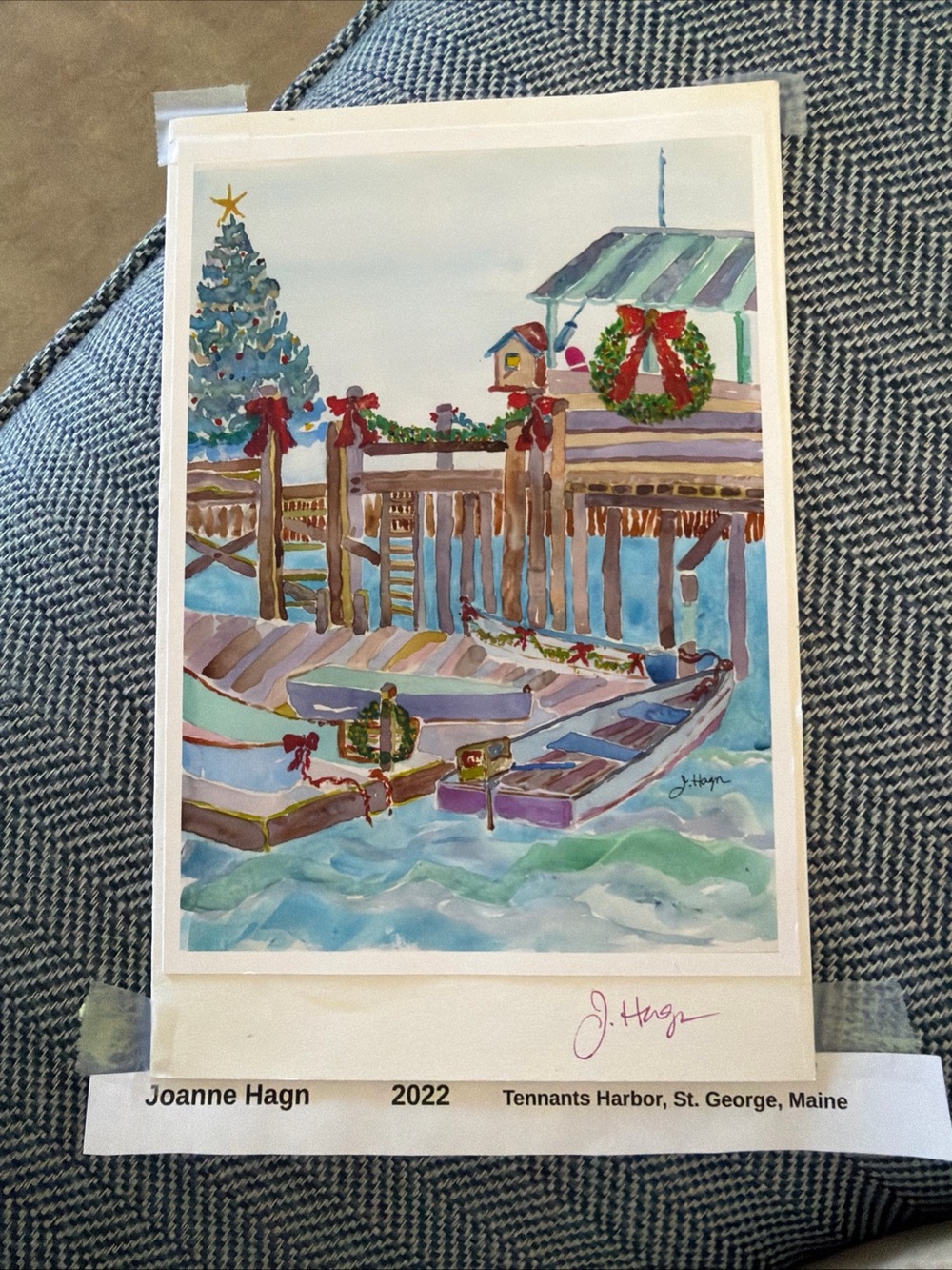 Festive Harbor Wreath and Bow Holiday Print — Multicolor signed by Joanne Hagn